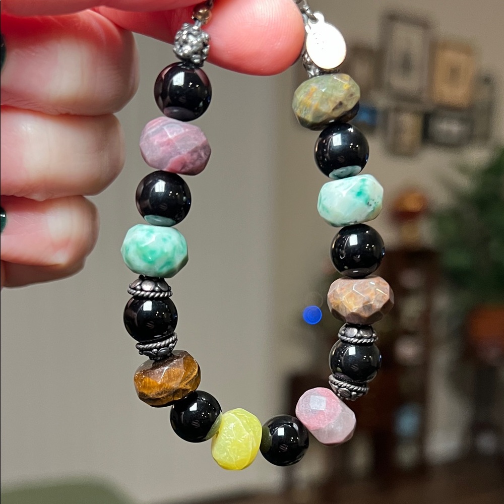 VTG Judy Signed Sterling Silver Multicolor Gemstone Chunky Beaded Bracelet